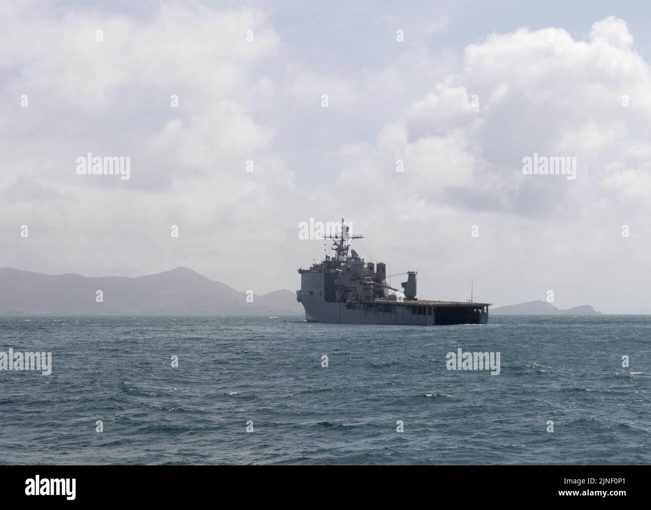 The dock landing ship USS Oak Hill (LSD 51) anchors outside of St. John