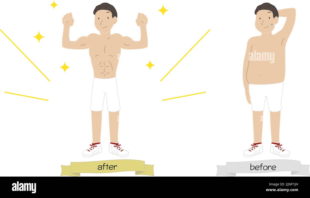 Illustration of a metabolic man exercising and becoming muscular Stock Vector
