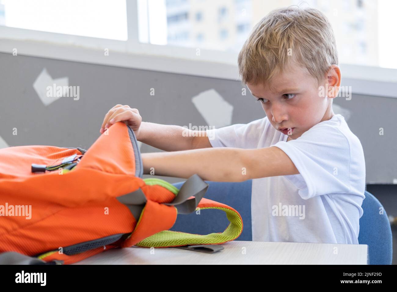 The student takes out stationery, books from a backpack. A little boy looks into a school bag. Back to school. School and preschool education. Stock Photo