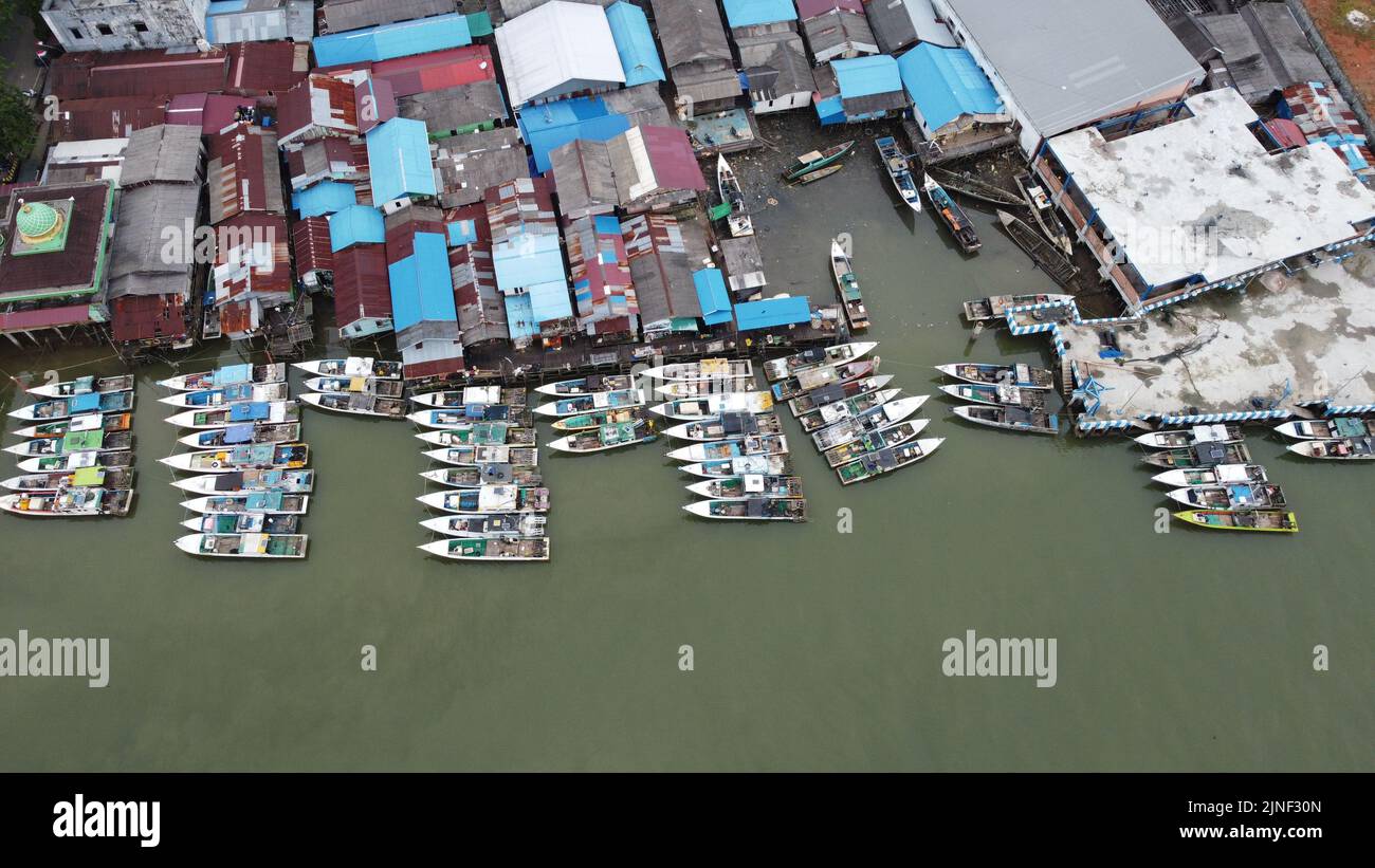 Aerial view of fishing boats anchored at sea Stock Photo - Alamy