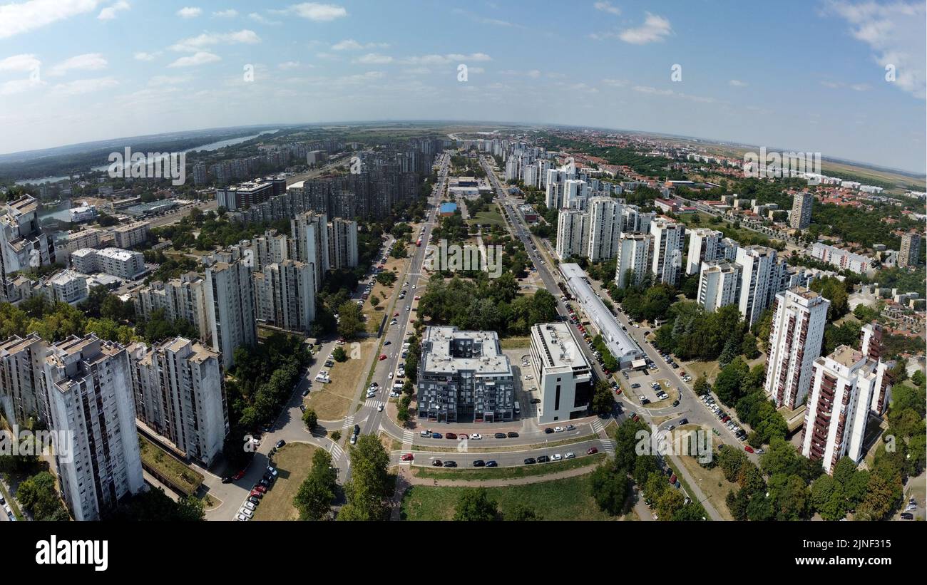 Areal drone panorama view of the city Novi Beograd Serbia blokovi spheric panoramic streets on a sunny day Stock Photo