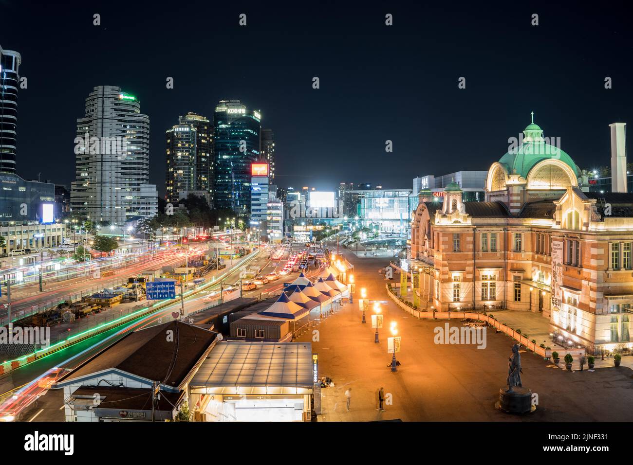 Seoul station brightly lit city scape at night Stock Photo