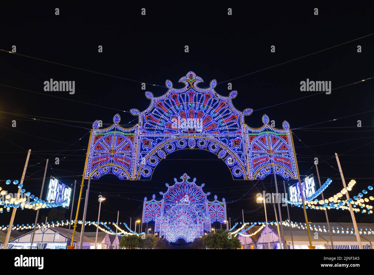 Lights decoration  of The Columbian Festivals celebrations in the city of Huelva (Fiestas Colombinas de Huelva), to commemorate the first voyage of Ch Stock Photo