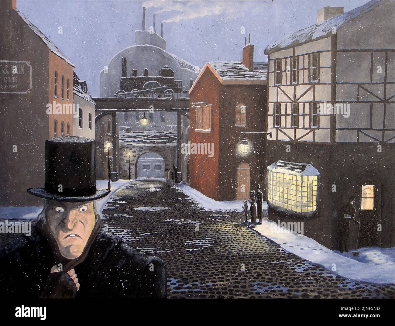 Ebenezer Scrooge walks the London streets, completely ignoring all signs of the upcoming Christmas holiday.  From Charles Dickens' Christmas Carol. Stock Photo