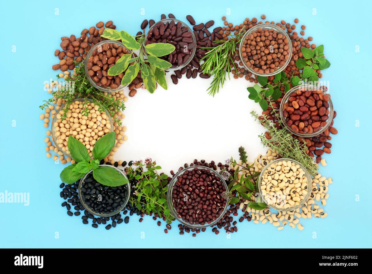 Legumes and fresh herb healthy food collection. High in flavonoids