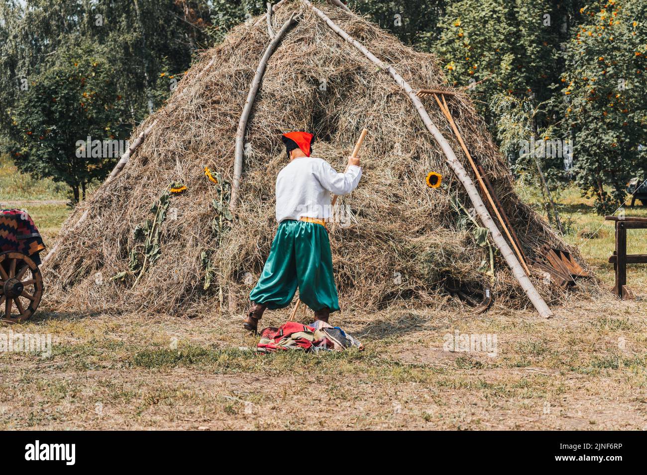 a man puts hay in the hayloft. Traditional village life in Ukraine. National ukrainian dress. Old man traditional costume field. Embroidered shirt. Fa Stock Photo