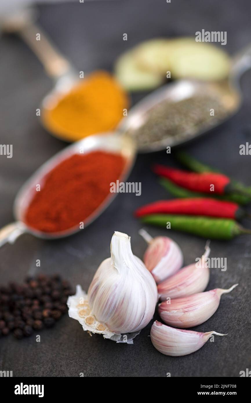 Selection of spices & garlic on slate - shallow dof with the Garlic in focus Stock Photo