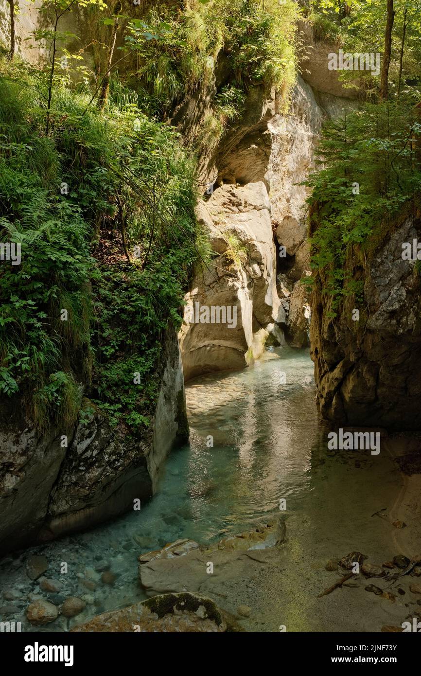 A vertical shot of the river flowing between rocks. Seisenbergklamm, Weissbach bei Lofer, Austria. Stock Photo