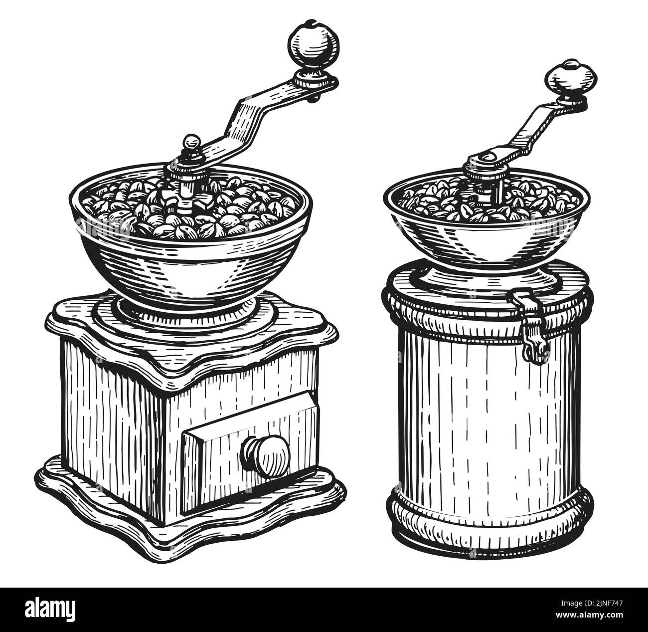 Hand sketch drawing manual coffee grinder set. Coffee shop concept. Illustration isolated in vintage engraving style Stock Photo