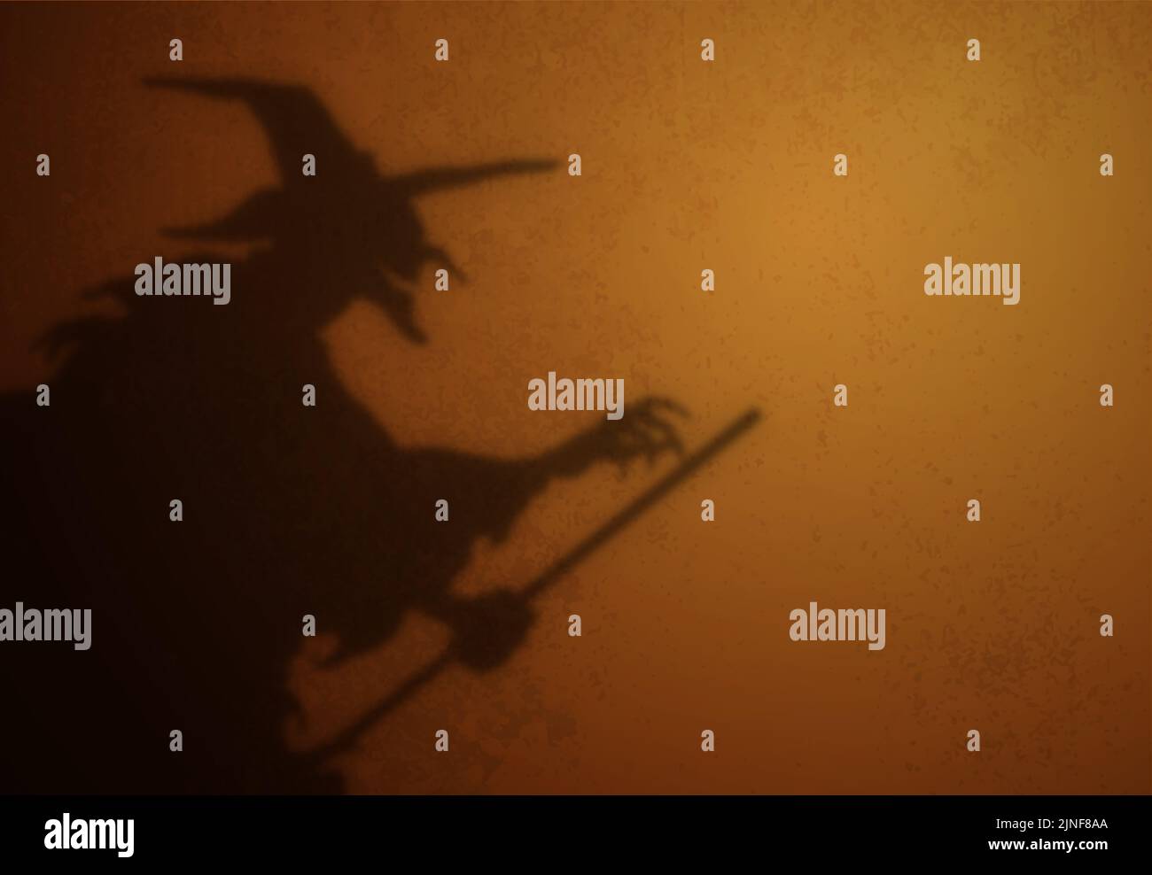 Old witch with broom silhouette shadow on a textured background. Scary smiling hag shadow. Halloween background. Stock Photo