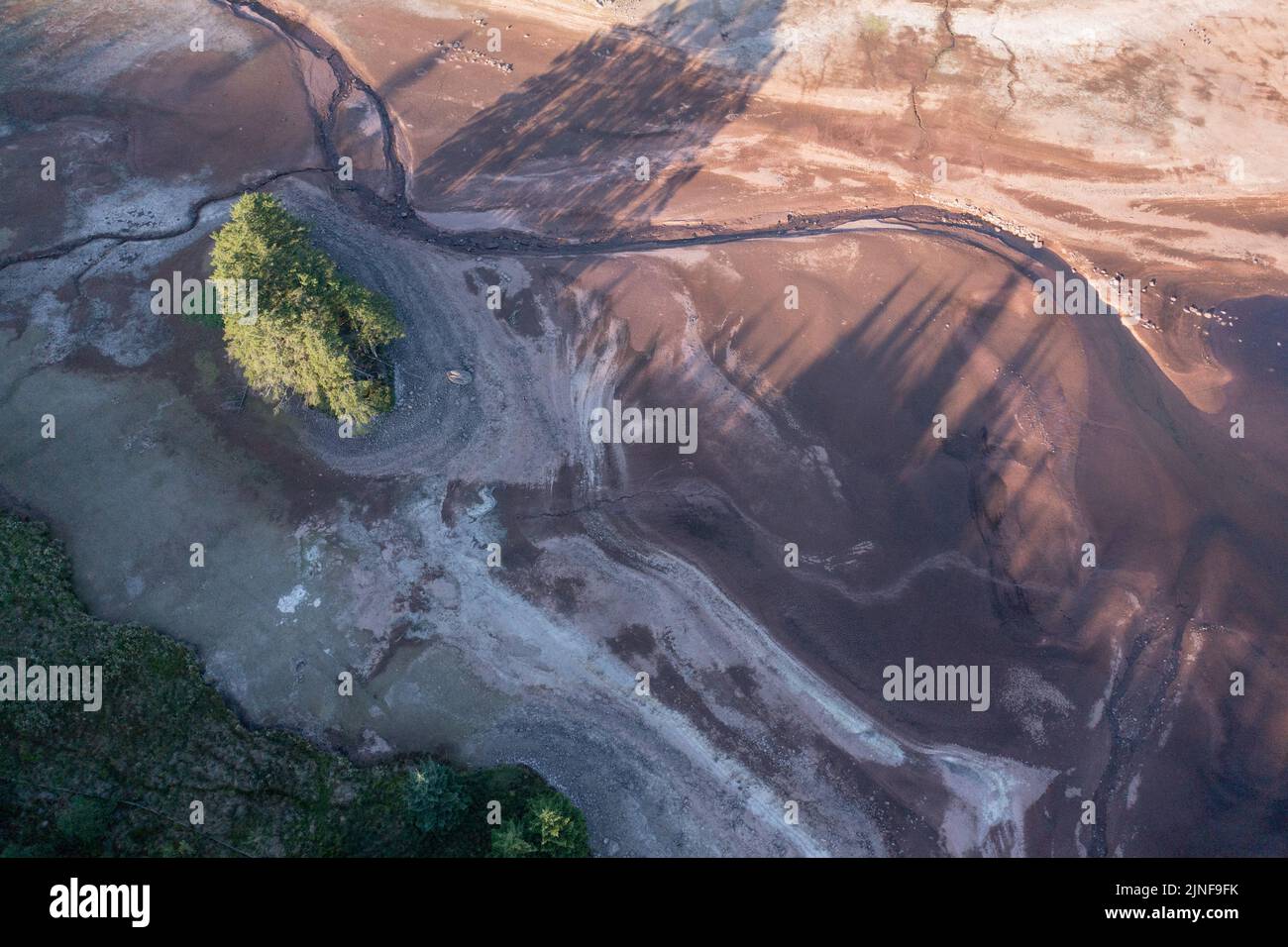 Aerial view of Beacons Reservoir during the 8th August 2022 drought, Wales, UK Stock Photo