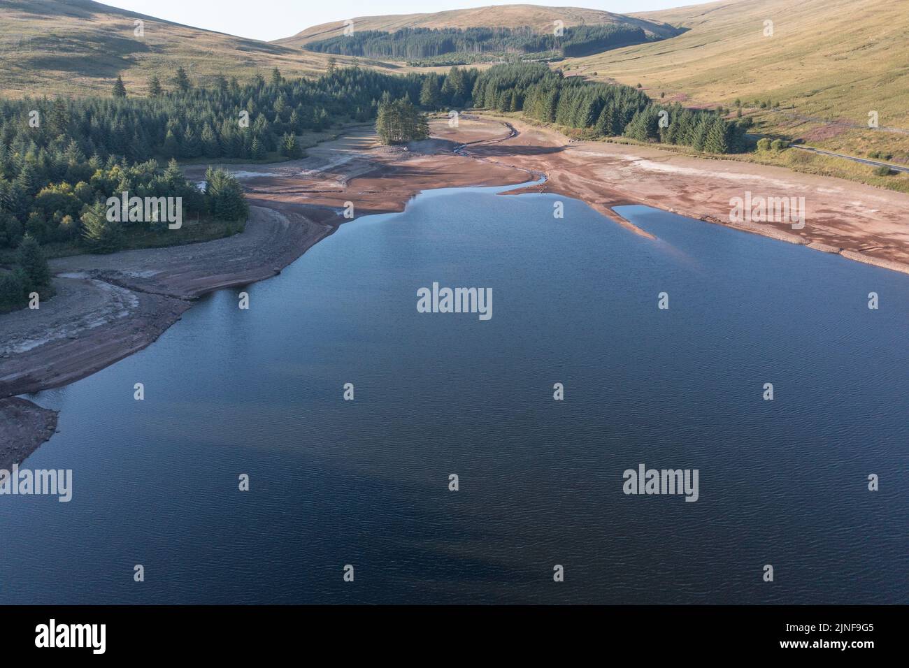 Aerial view of Beacons Reservoir during the 8th August 2022 drought, Wales, UK Stock Photo