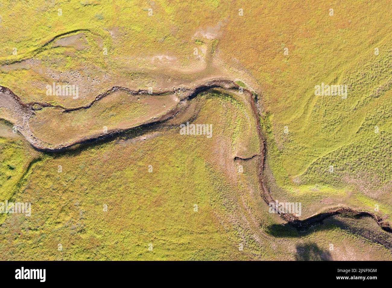 Aerial view of low water level in the Llwyn-onn Reservoir  during the 8th August 20022 drought, Wales, UK Stock Photo