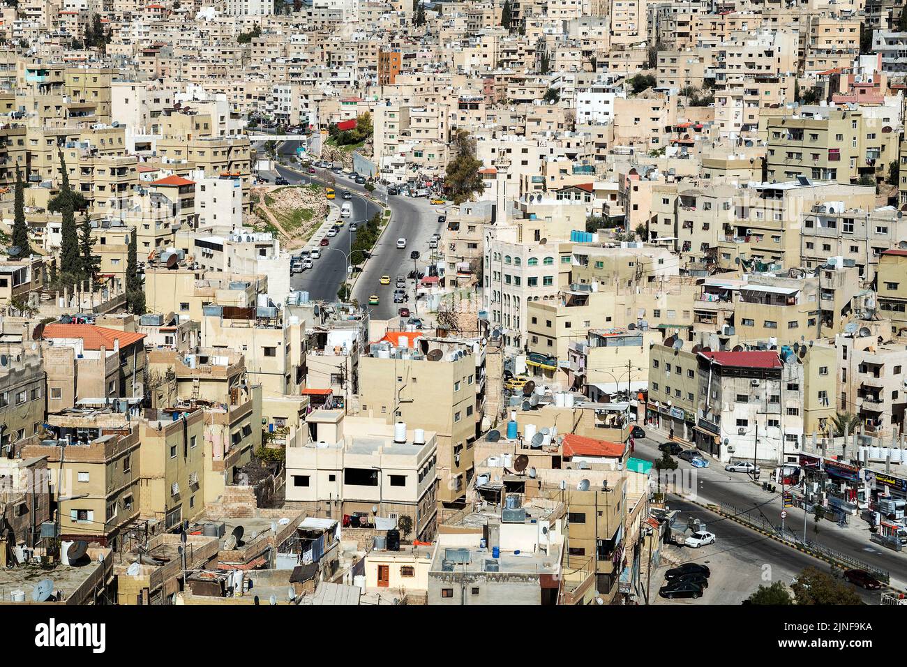 Aerial view of Al-Urdón st. in Al-Qusur neighbourhood, Amman city