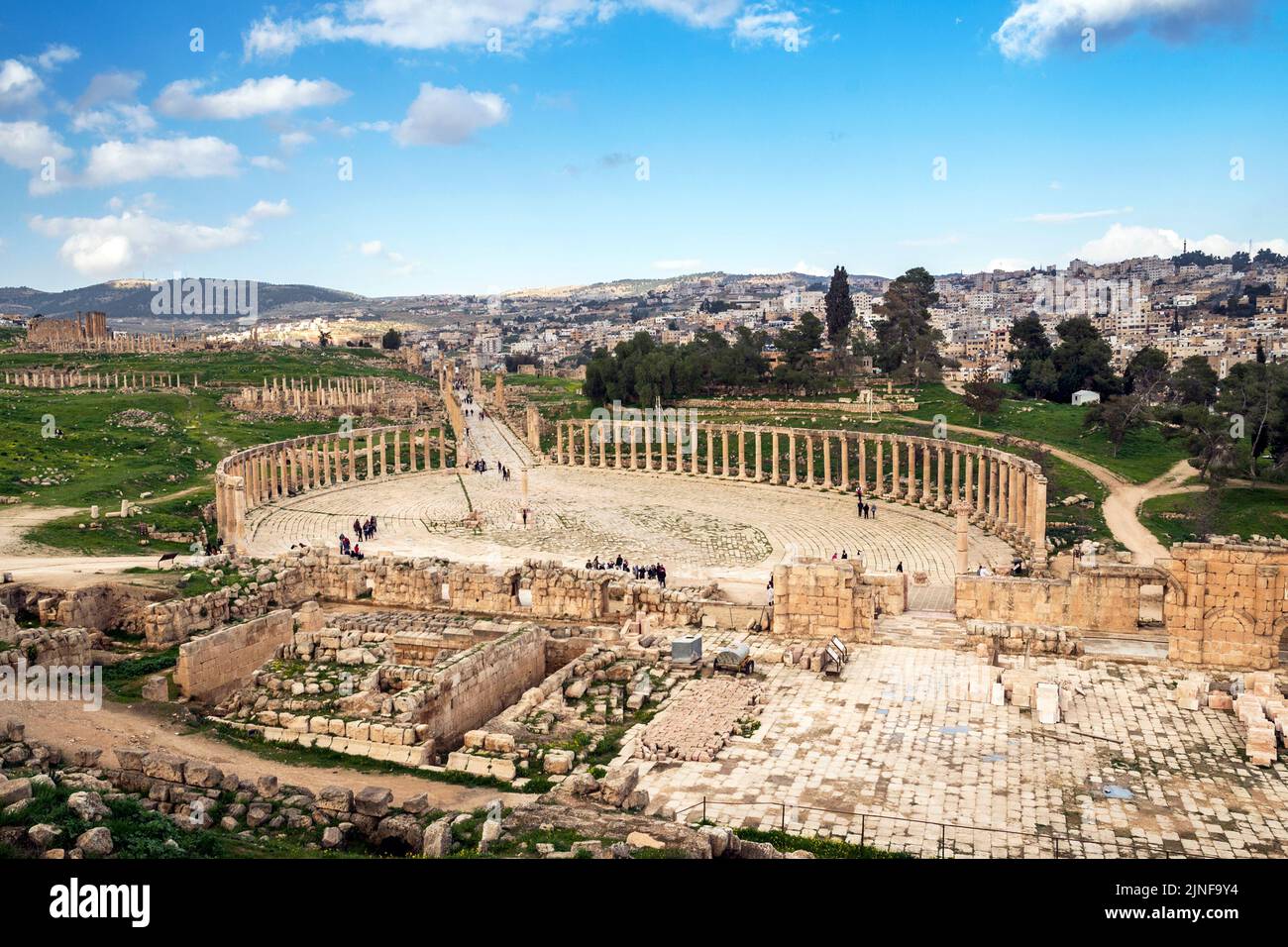 Oval forum view at the historic ruins of Jerash, Gerasa Governorate ...