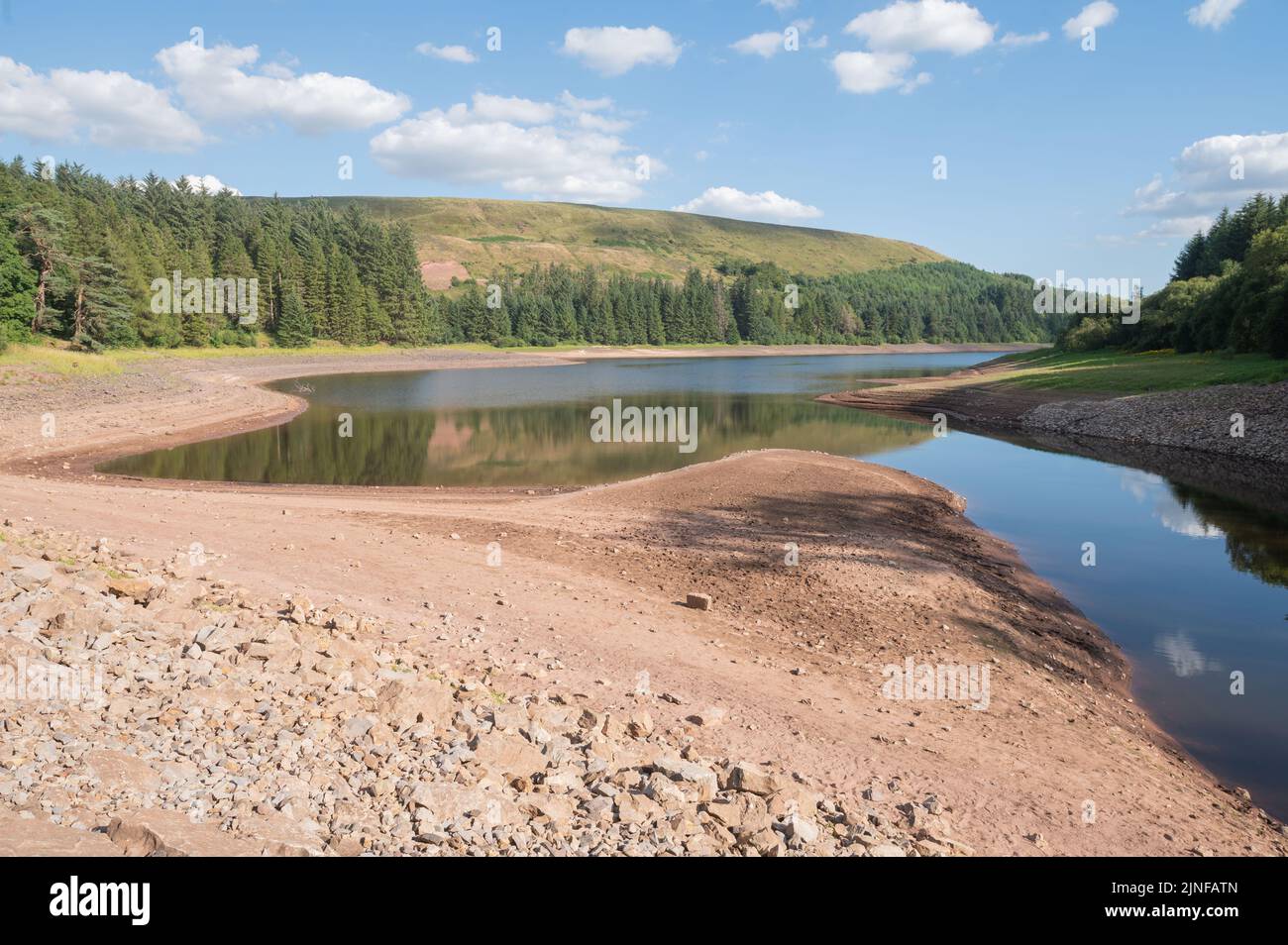 Low water level in the Pontsticill Reservoir during the 8th August 2022 drought, Wales, UK Stock Photo
