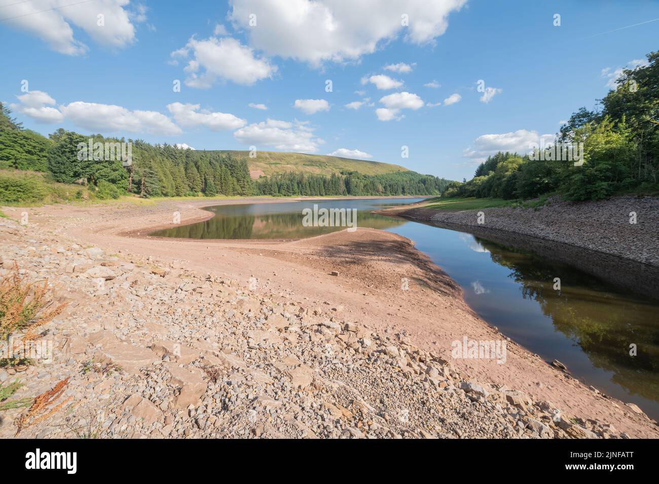 Low water level in the Pontsticill Reservoir during the 8th August 2022 drought, Wales, UK Stock Photo