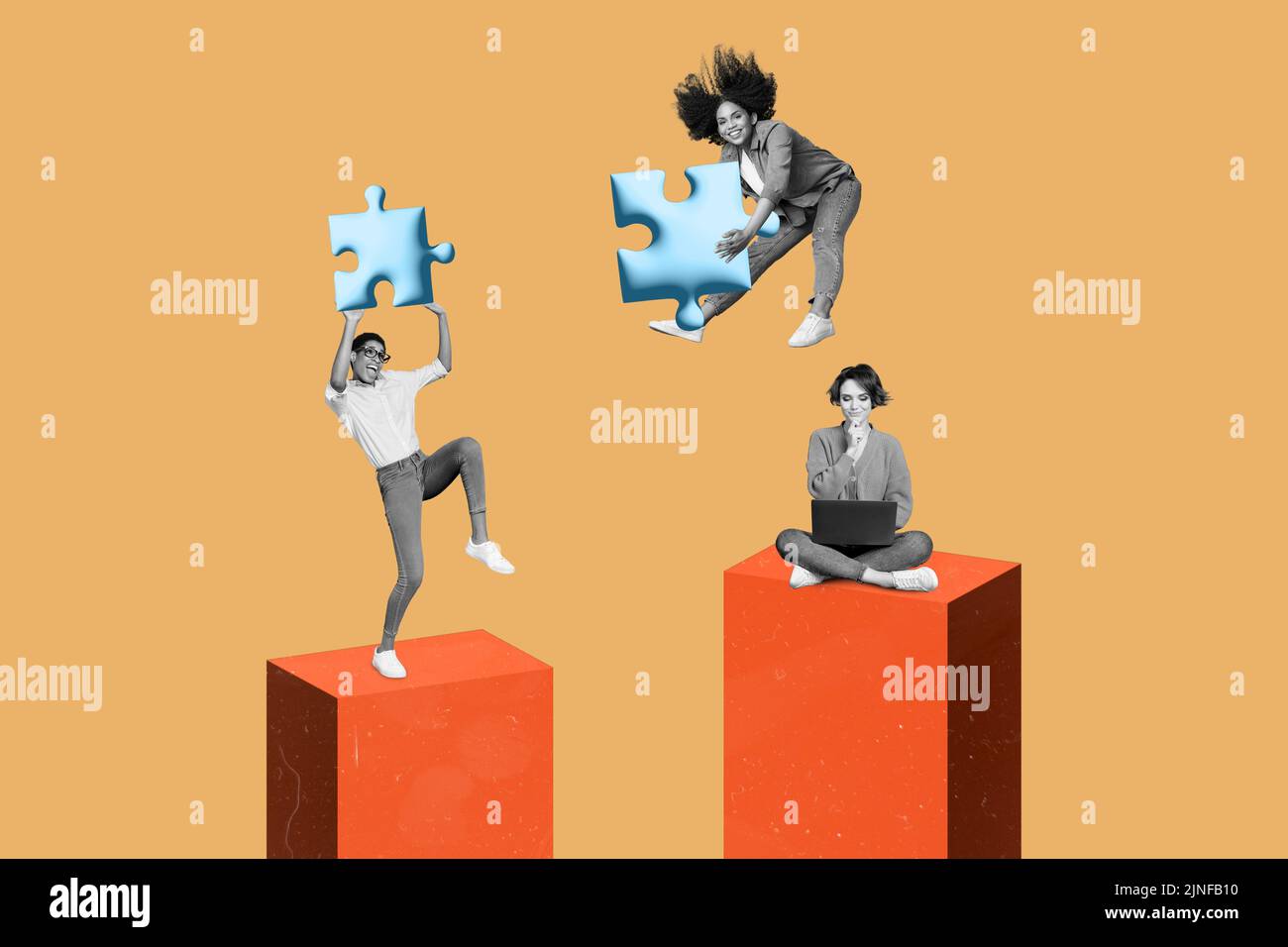 Banner collage of girl work laptop jump puzzle black and white isolated