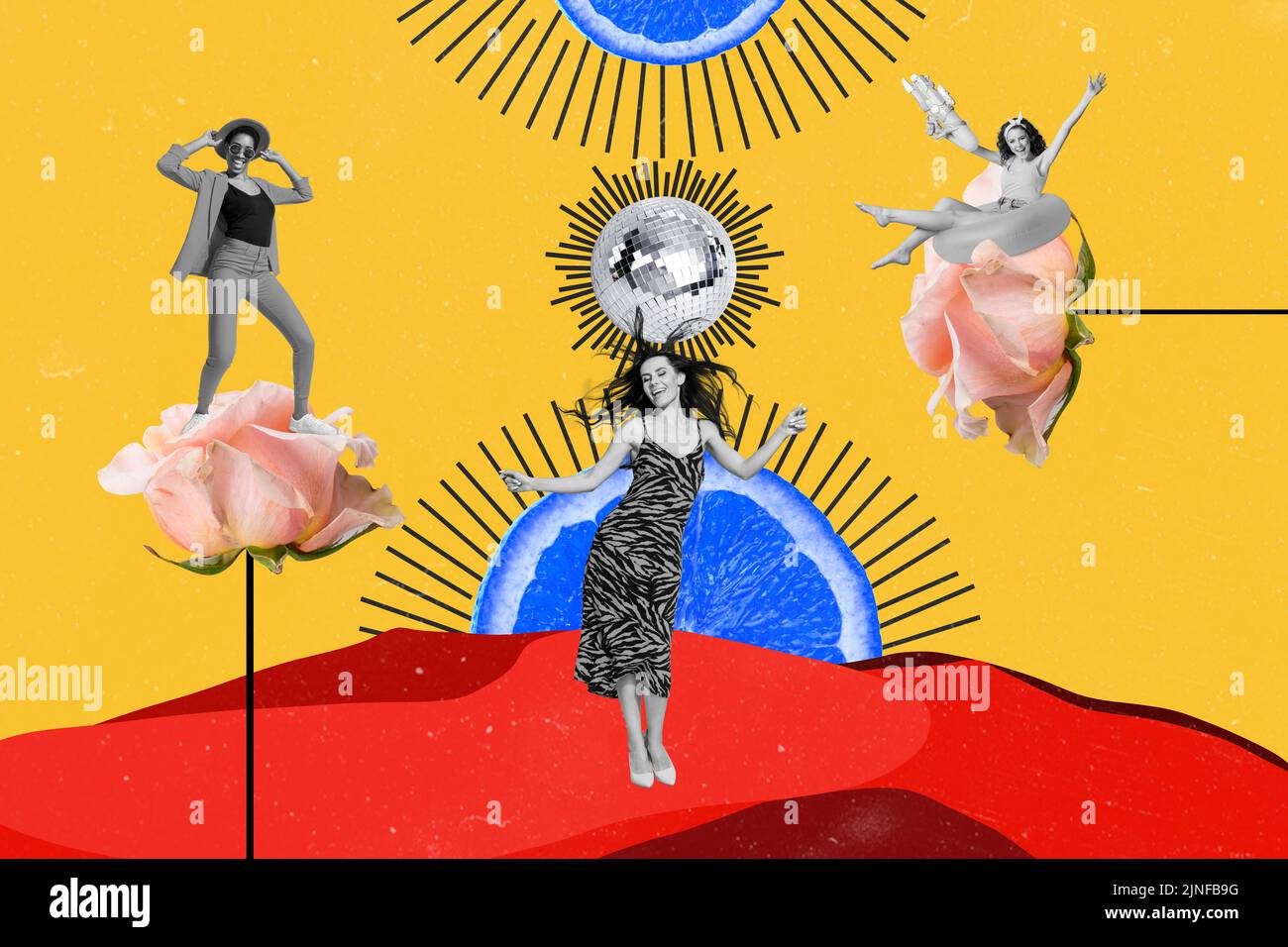 Collage 3d image of pinup pop retro sketch of funny funky ladies having