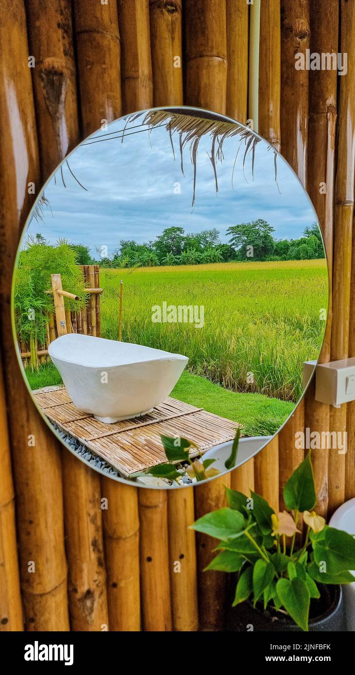 white bathtub outside looking out over a green rice field, bath tub