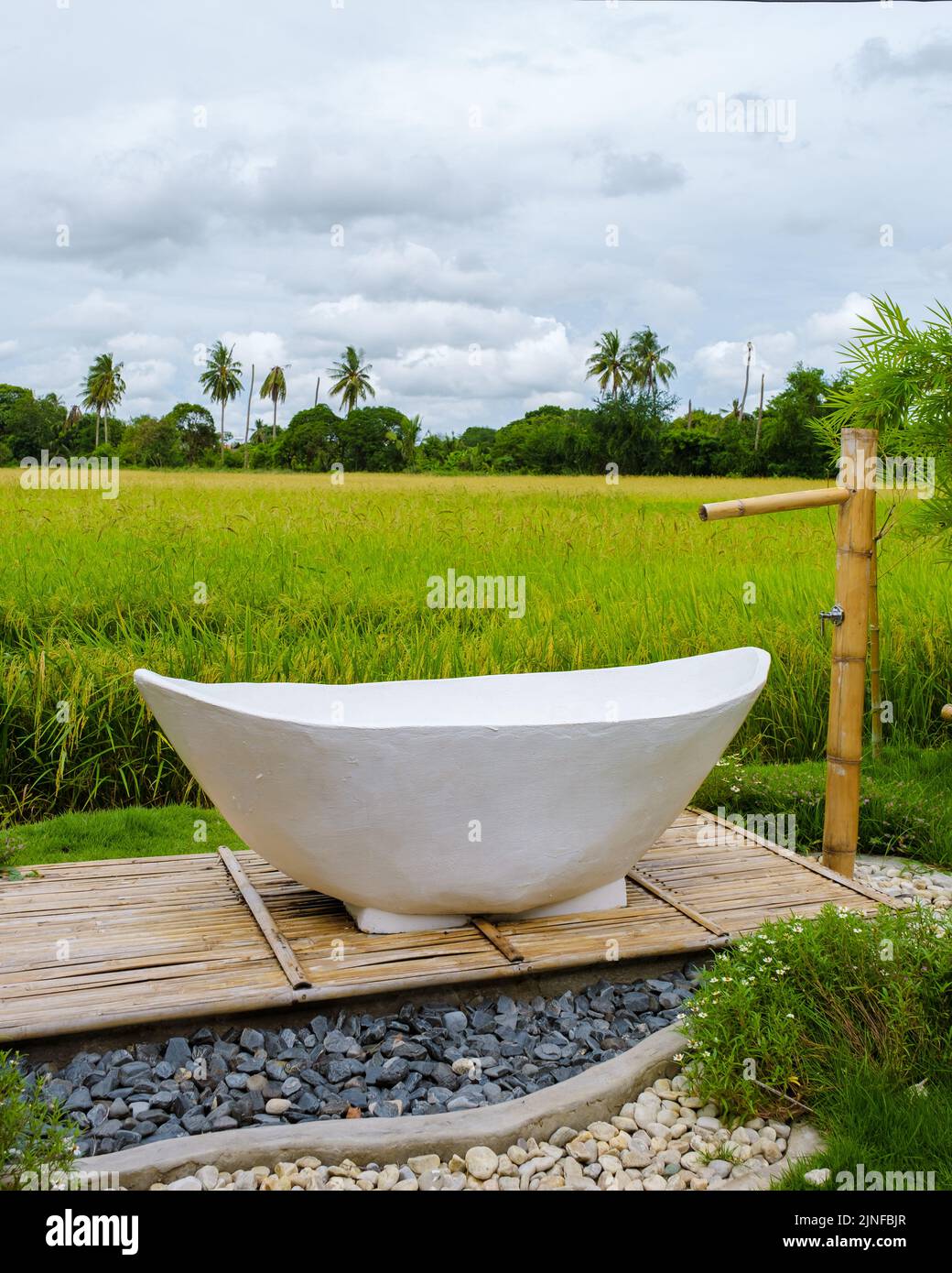 white bathtub outside looking out over a green rice field, bath tub