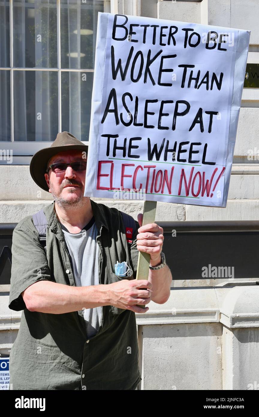 London, UK. A lone protester braved the heat to call out the Government who appear to be asleep at the wheel during this challenging time. The Cabinet Office, Whitehall. Credit: michael melia/Alamy Live News Stock Photo