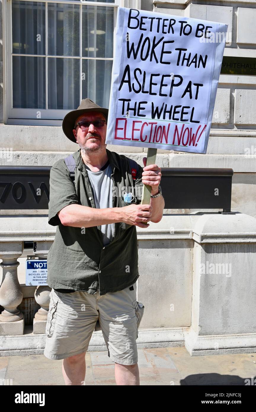 London, UK. A lone protester braved the heat to call out the Government who appear to be asleep at the wheel during this challenging time. The Cabinet Office, Whitehall. Credit: michael melia/Alamy Live News Stock Photo
