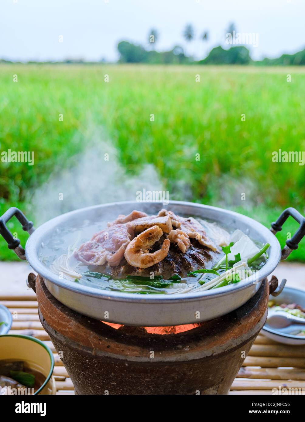 Korean bbq on vacation at a homestay in Thailand, eco farm with green