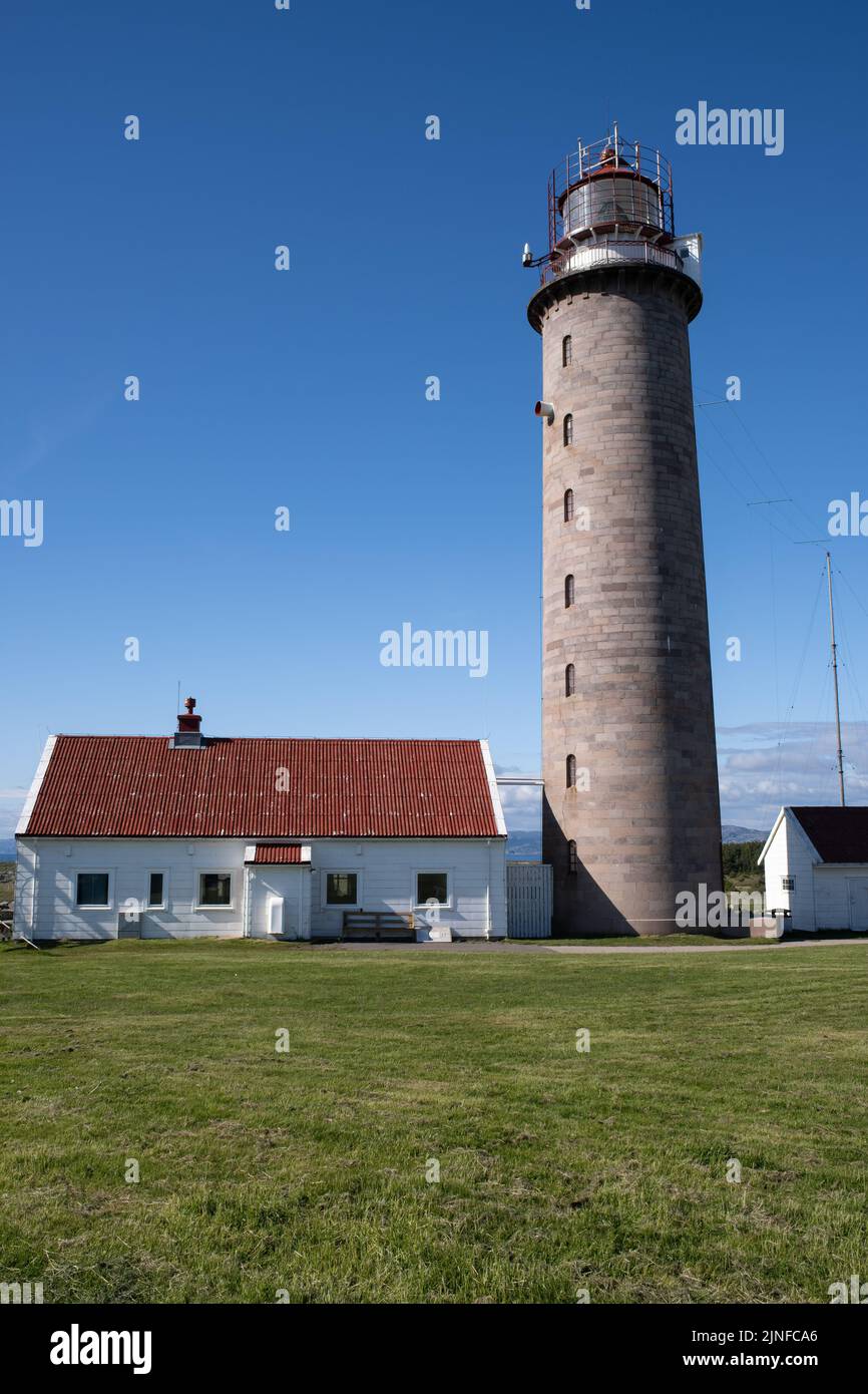 Borhaug, Norway - May 30, 2022: Lista Lighthouse (Lista fyr) is a coastal lighthouse located at the western side of the peninsula. Northwest of Vestby Stock Photo