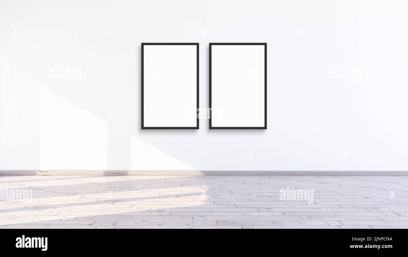 Two empty, vertical, modern, black frame mock up in a white room, 3d illustration of a white wall interior render Stock Photo