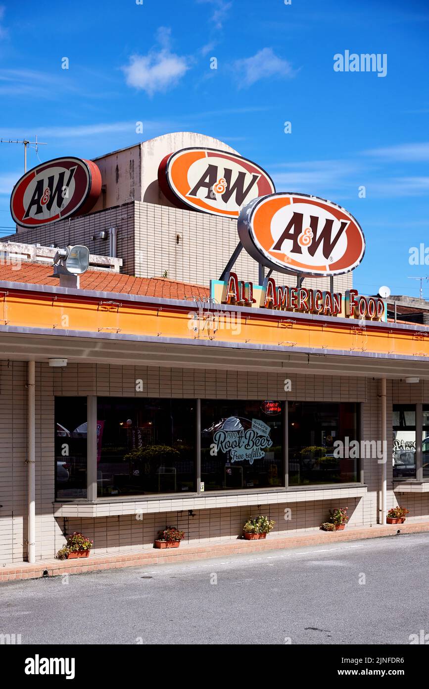 A&W, All American Food, chain restaurant; Nago, Okinawa Prefecture, Japan Stock Photo