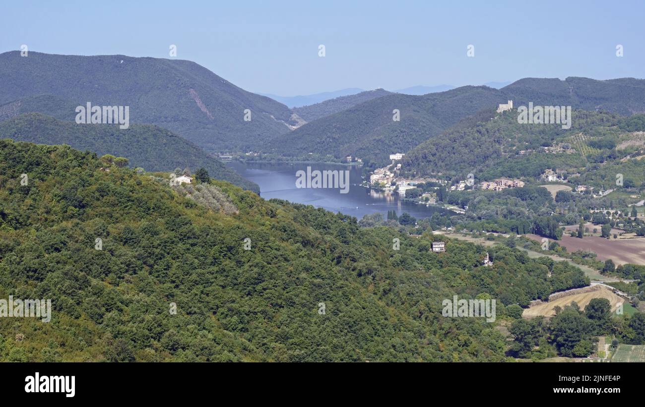 View of the lake, the village of Piediluco and its hills Stock Photo