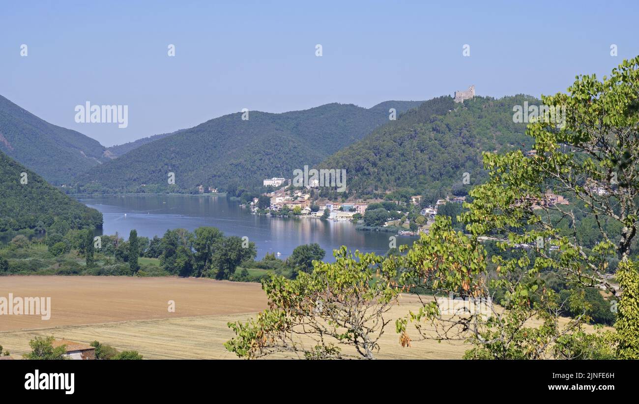 view of the lake and the village of Piediluco Stock Photo