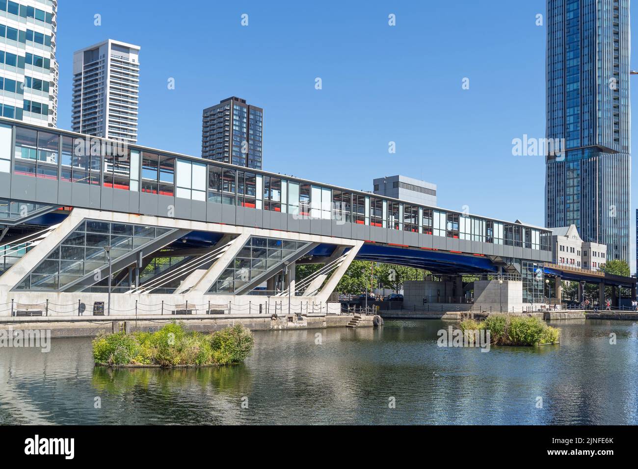 South Quay Docklands Light Railway Station in Canary Wharf in the summer sun. London Stock Photo