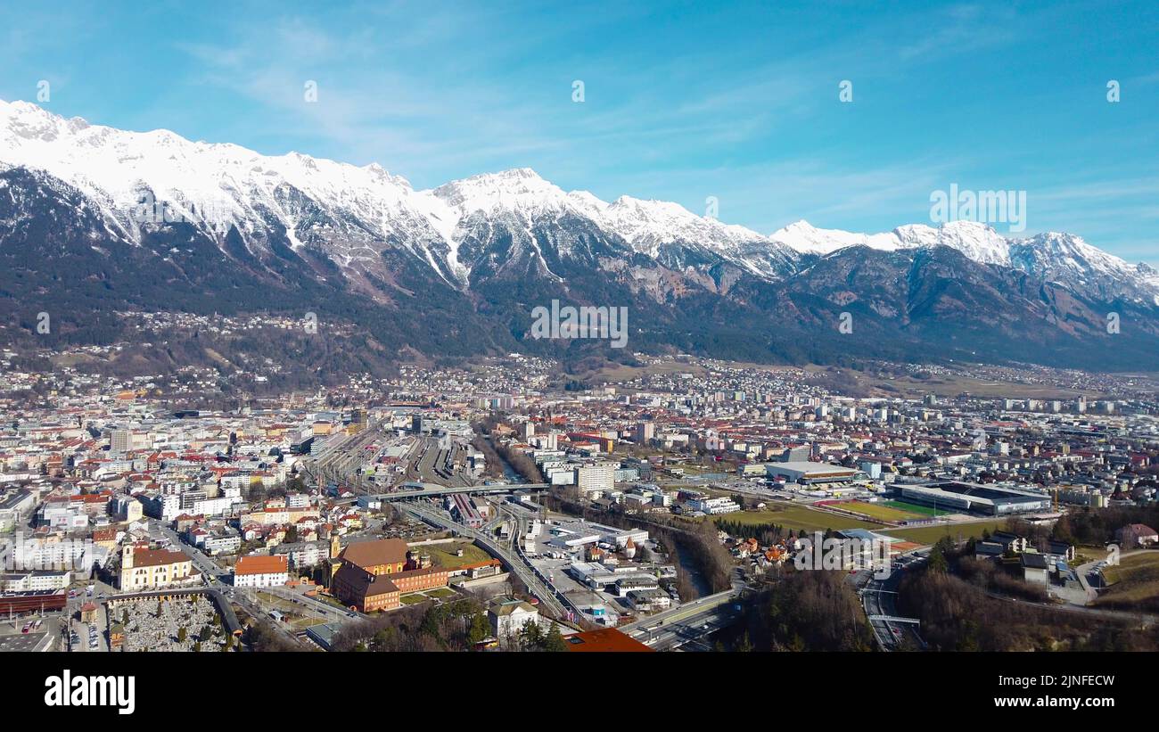 Areal view of the city of Innsbruck. from the stadium of the ski jumping hill tower and the track. Stock Photo