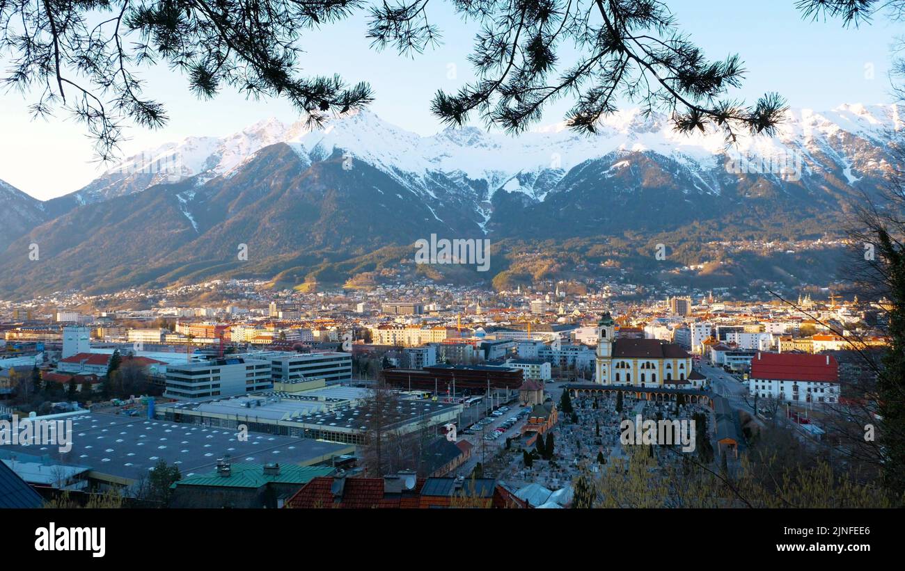 Areal view of the city of Innsbruck from the stadium of the ski jumping hill tower and the track. Stock Photo