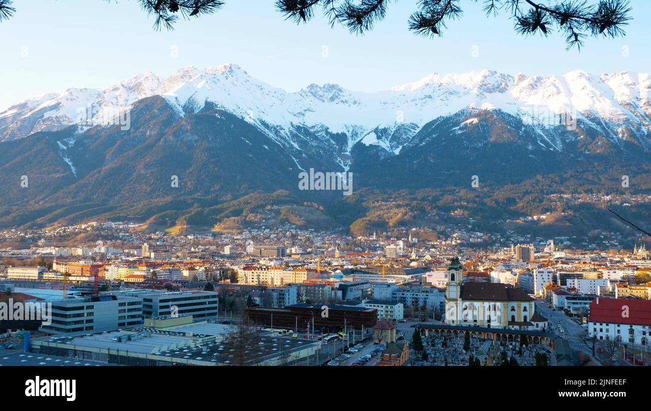 Areal view of the city of Innsbruck from the stadium of the ski jumping hill tower and the track. Stock Photo