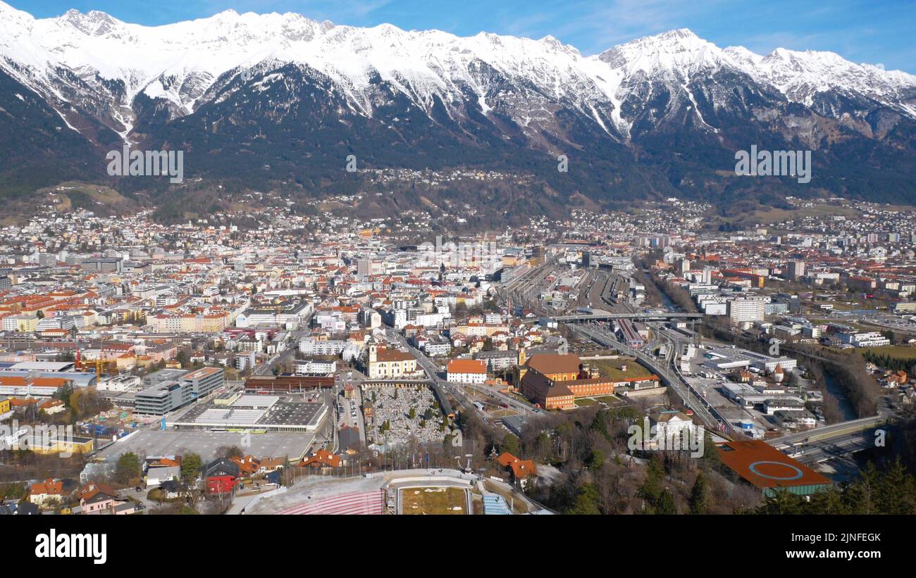 Areal view of the city of Innsbruck. from the stadium of the ski jumping hill tower and the track. Stock Photo