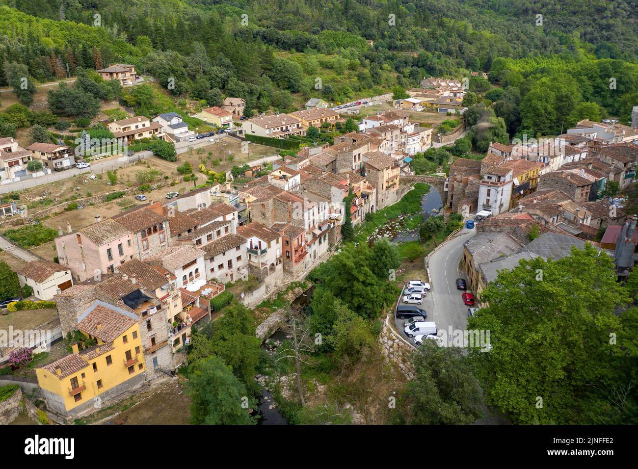 Aerial view of the village of Osor, in the wooded region of Les Guilleries (La Selva, Girona, Catalonia, Spain)  ESP: Vista aérea del pueblo de Osor Stock Photo