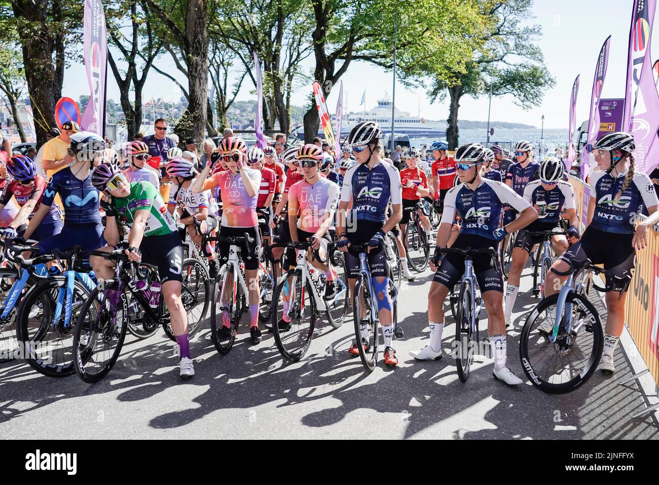 Moss 20220811.The cyclists are ready at the start of the third stage of the Tour of Scandinavia cycle race. The stage goes from Moss to Sarpsborg, a distance of 119 km. Photo: Heiko Junge / NTB Stock Photo