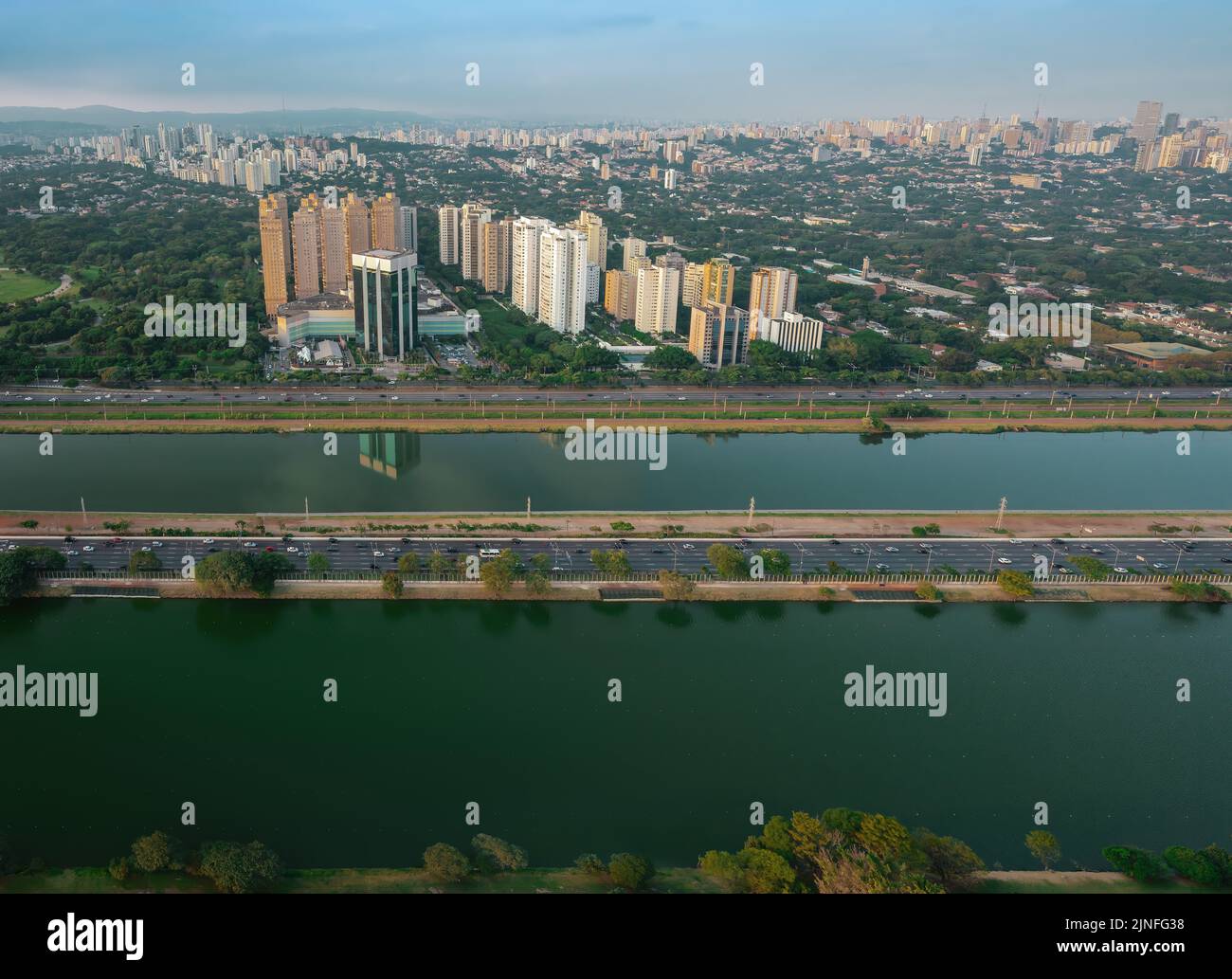 Aerial View of Pinheiros River, USP Olympic Lane and Engenheiro Billings Avenue - Sao Paulo, Brazil Stock Photo
