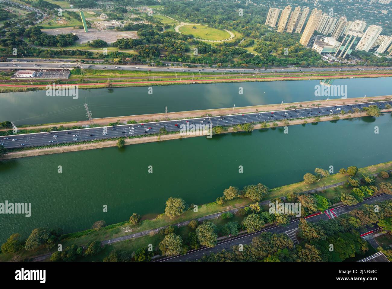 Aerial View of Pinheiros River, USP Olympic Lane and Engenheiro Billings Avenue - Sao Paulo, Brazil Stock Photo