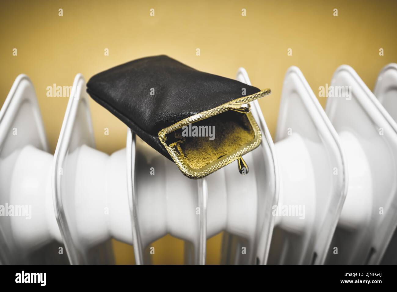 Empty Purse Lies On A Heater, Symbol Photo For Rising Heating Costs Stock Photo