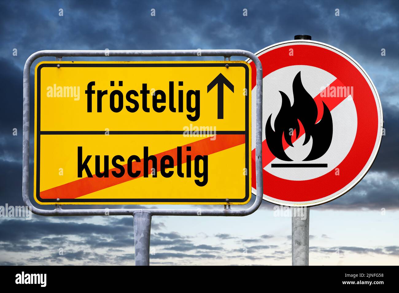Place Sign With Inscription Chilly And Crossed Out Inscription Cozy, Symbol Photo Gas Crisis And Energy Saving Stock Photo