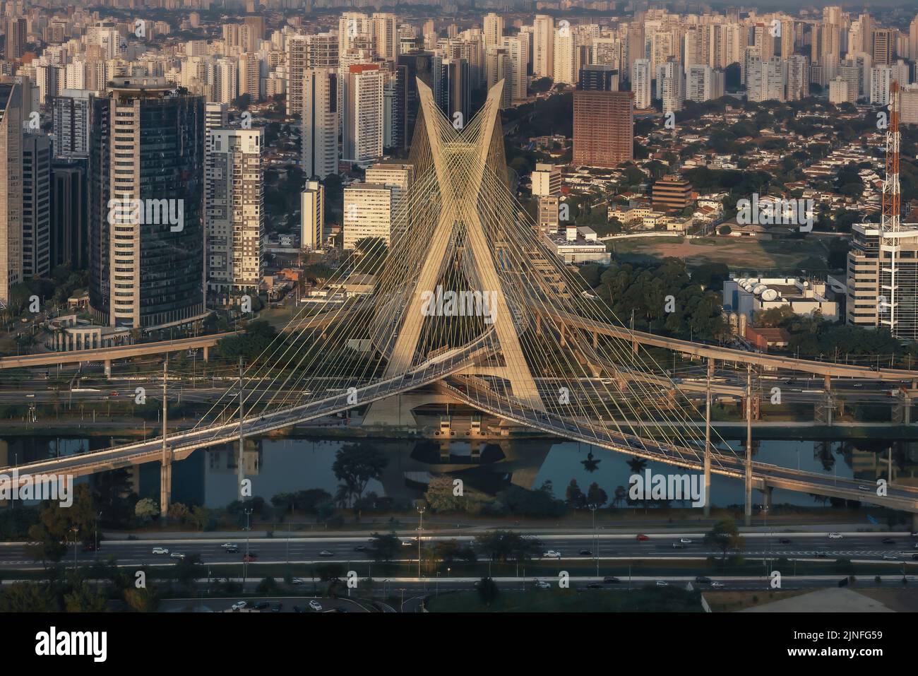 Aerial view of Octavio Frias de Oliveira Bridge (Ponte Estaiada) over Pinheiros River - Sao Paulo, Brazil Stock Photo