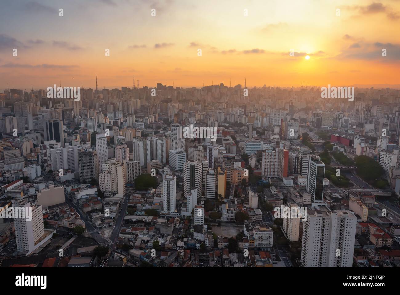 Aerial View of Sao Paulo Skyline and Liberdade neighborhood - Sao Paulo, Brazil Stock Photo