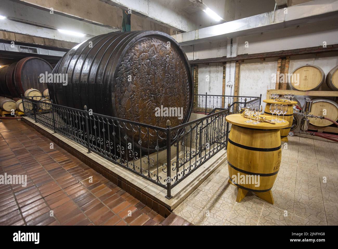 Big barrel of Erdut vineyards in Erdut, Croatia on August 11, 2022. The