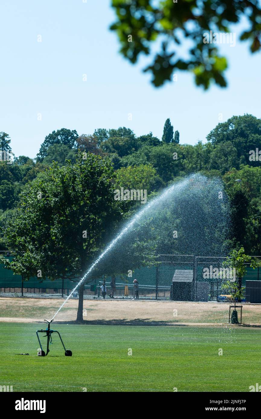 London, UK. 11 August 2022. UK Weather A sprinkler in operation at a