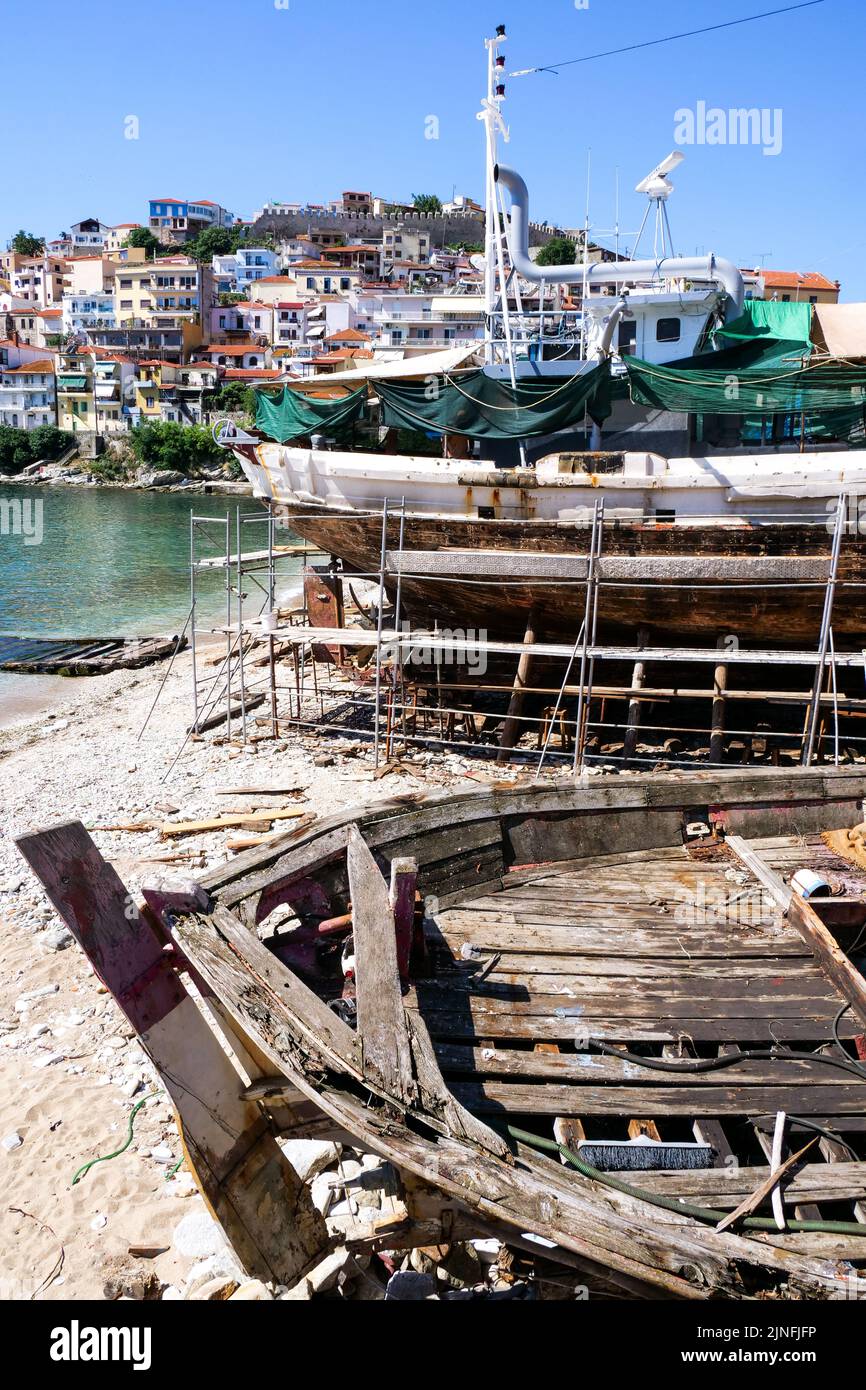 Boats waiting for refit in Kalafatia, old traditional shipyard of Kavala, Macedonia, North-Eastern Greece Stock Photo