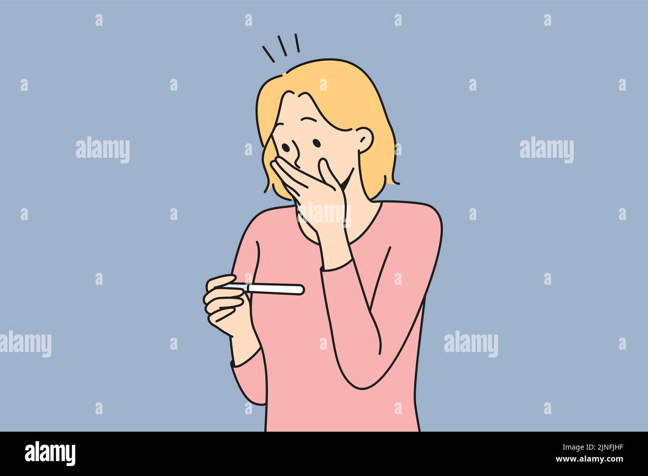 Stunned woman looking at test get to know about pregnancy. Surprised woman shocked with pregnancy news. Vector illustration.  Stock Vector